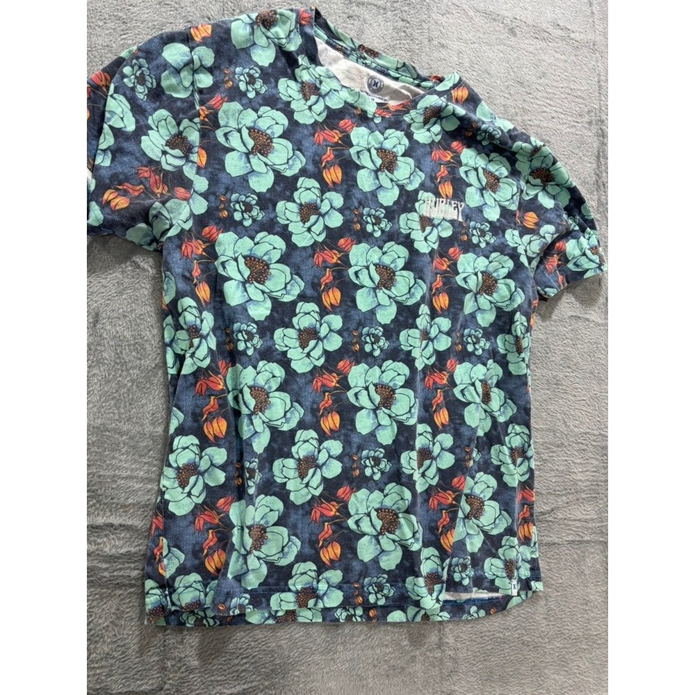 Hurley Floral T Shirt Men Medium Blue Green Tropical Cotton Short Sleeve - Picture 3 of 8